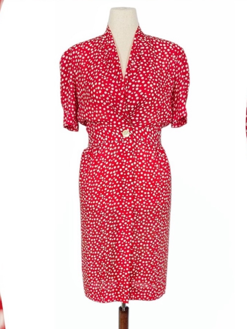 1980s Vintage Dress 80s Polka Dot Midi Red White Blouson Medium Retro Leslie Fay